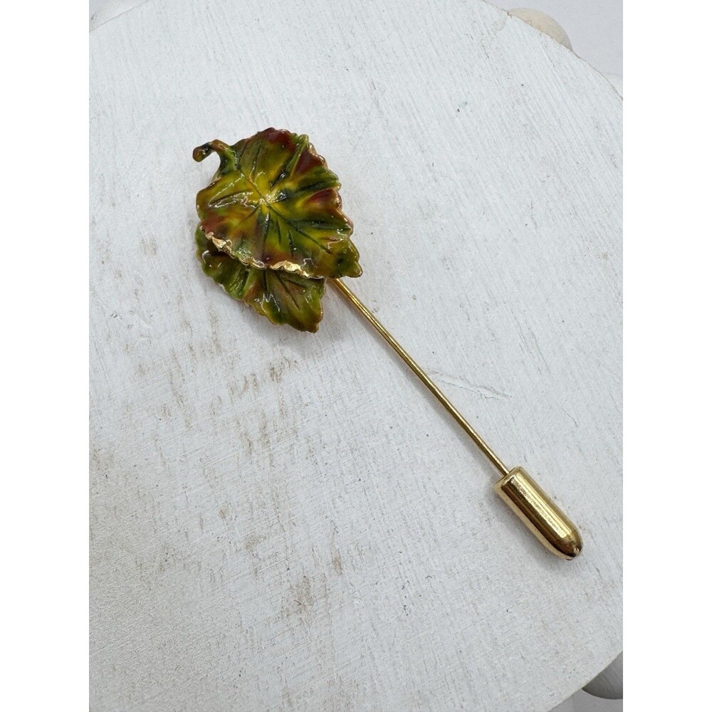 Vintage Enamel Leaf Stick Pin Green Brown Fall Autumn Tree Classic